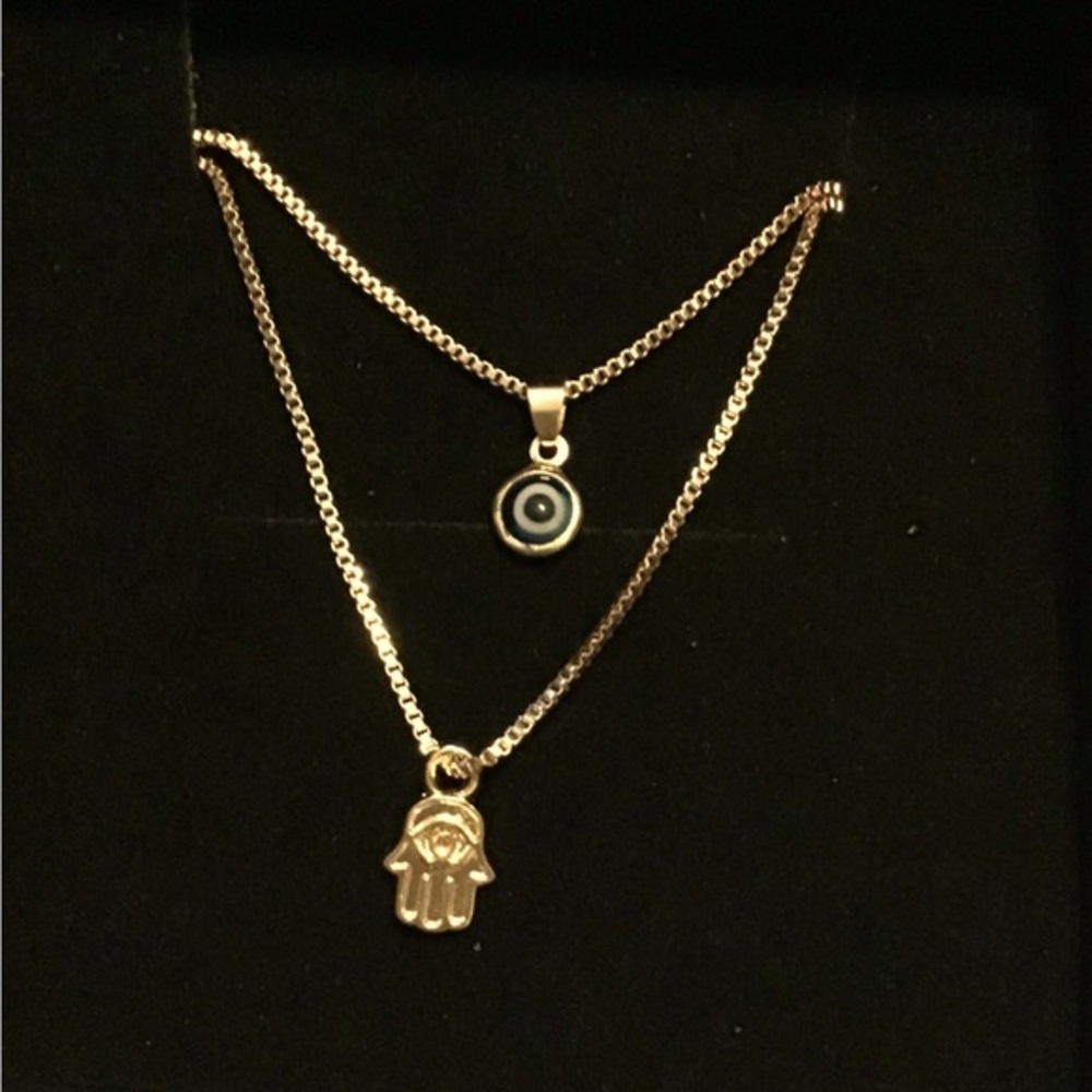 Layered Gold Evil Eye Palm Pendant Necklace, Blue Evil Eye Charm Necklace 2Pair